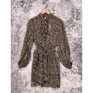New Zara Dress Small Womens Reptile Long Sleeve Pussybow Belted Mini
